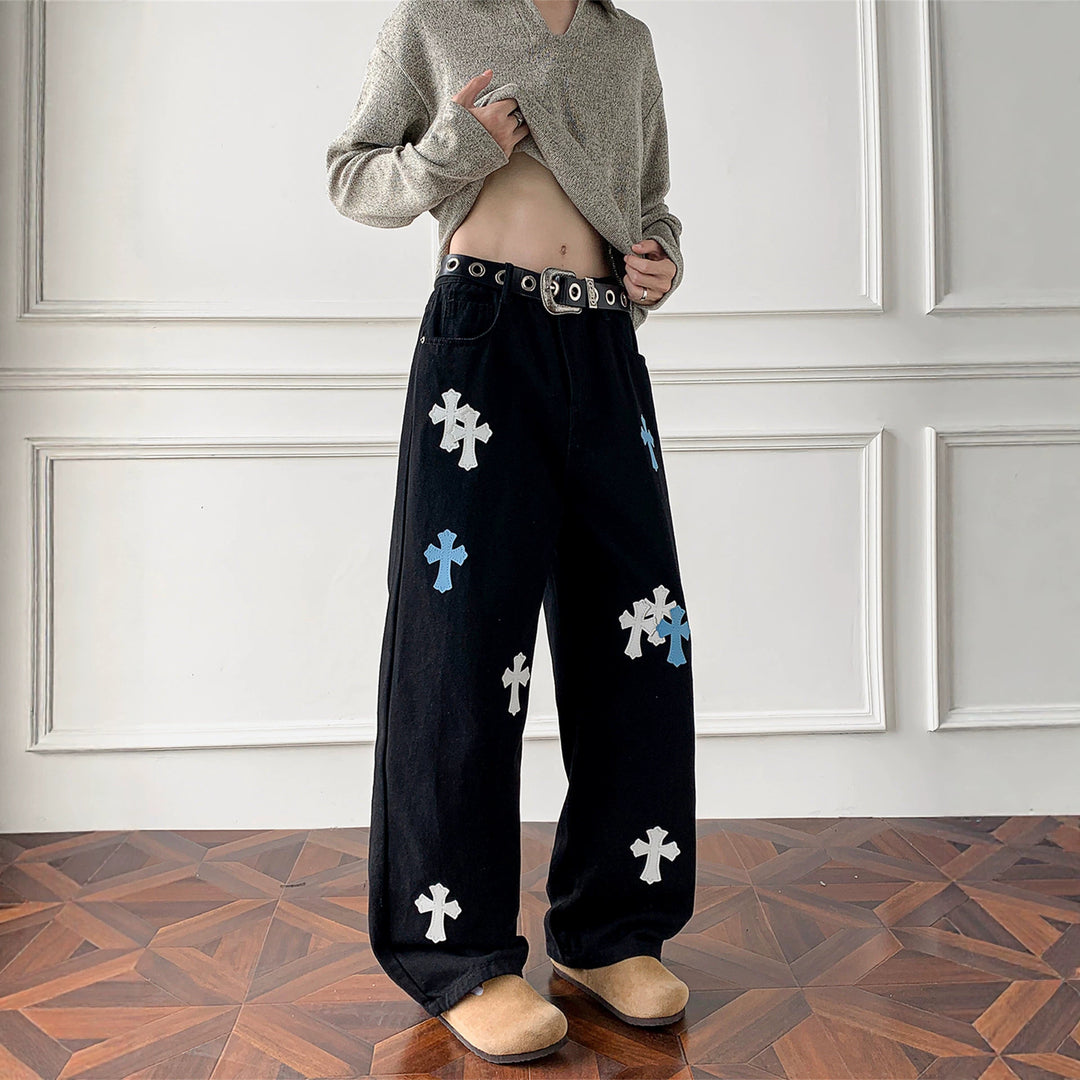 Damen Weitgeschnittene Denim-Hose mit kreativem Kreuzdesign Drune