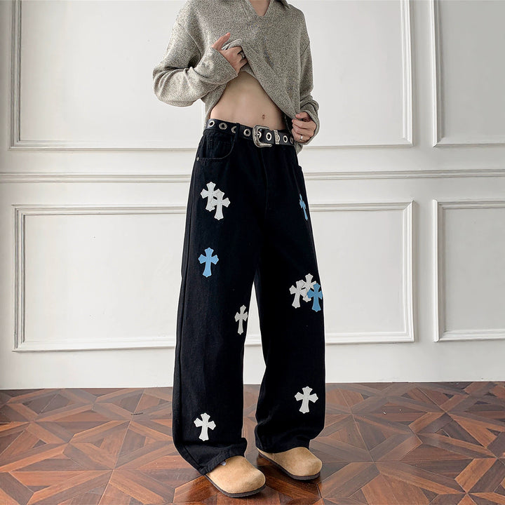Damen Weitgeschnittene Denim-Hose mit kreativem Kreuzdesign Drune