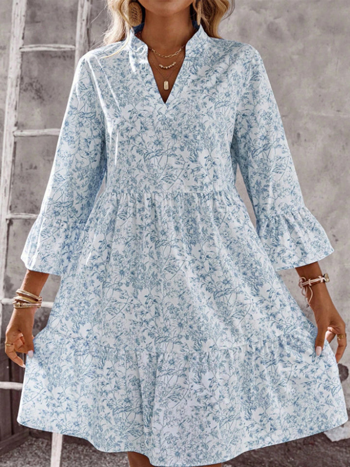 Damen Leichtes Viskose-Tunikakleid mit Blumenprint V-Ausschnitt und Volantärmeln Drune