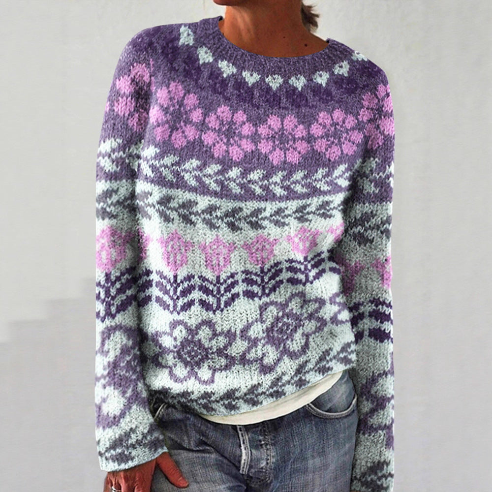 Damen nan melierter Rundhalsausschnittpullover mit kreisförmigem Jacquard-Yoke und geripptem Saum Drune