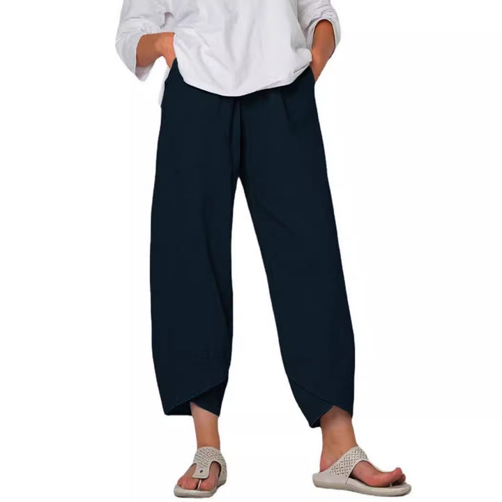 Damen nan lockere Leinenhose mit hohem Bund, Tulpen-Saum und seitlichen Eingrifftaschen Drune