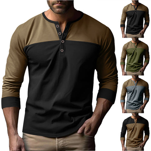 Herren Modernes Henley-Shirt mit Farbblock-Schulterpartie und Halbknopfleiste Drune