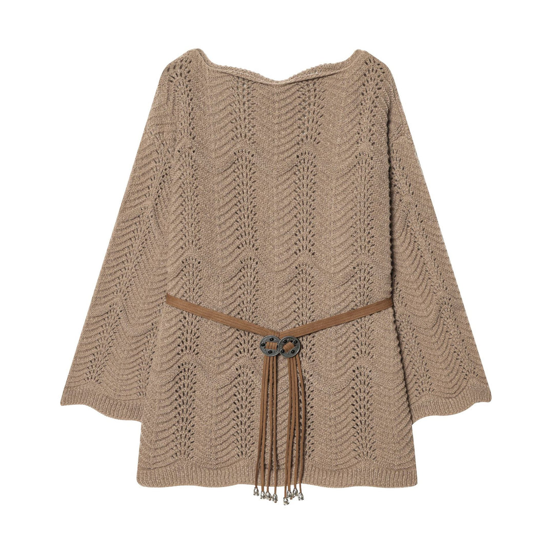 Damen nan gestricktes Poncho-Cape mit dekorativem Lederbandgürtel Drune