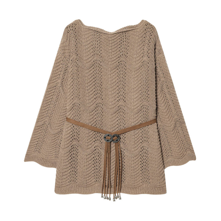 Damen nan gestricktes Poncho-Cape mit dekorativem Lederbandgürtel Drune