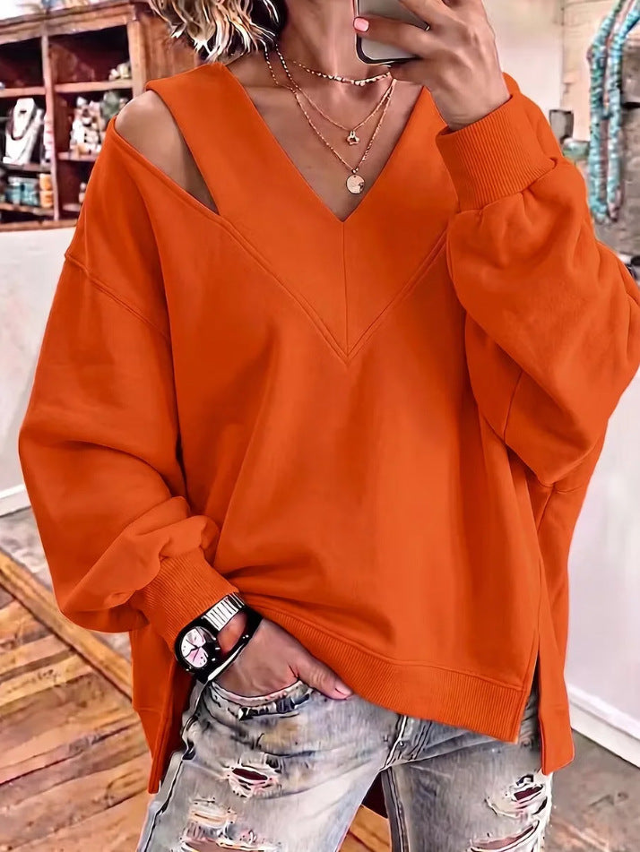 Damen Oversize-Sweatshirt mit V‑Ausschnitt und Cut-Out-Schulter Drune