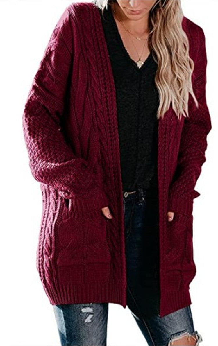 Damen Grobstrick Cardigan mit offenen Taschen und voluminösen Ärmeln Drune