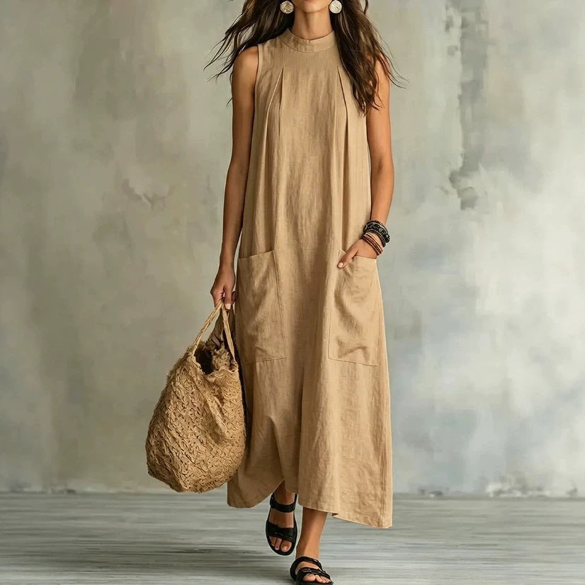 Damen nan ärmelloses Leinen-Maxikleid mit Stehkragen, Brustfalten und aufgesetzten Taschen Drune