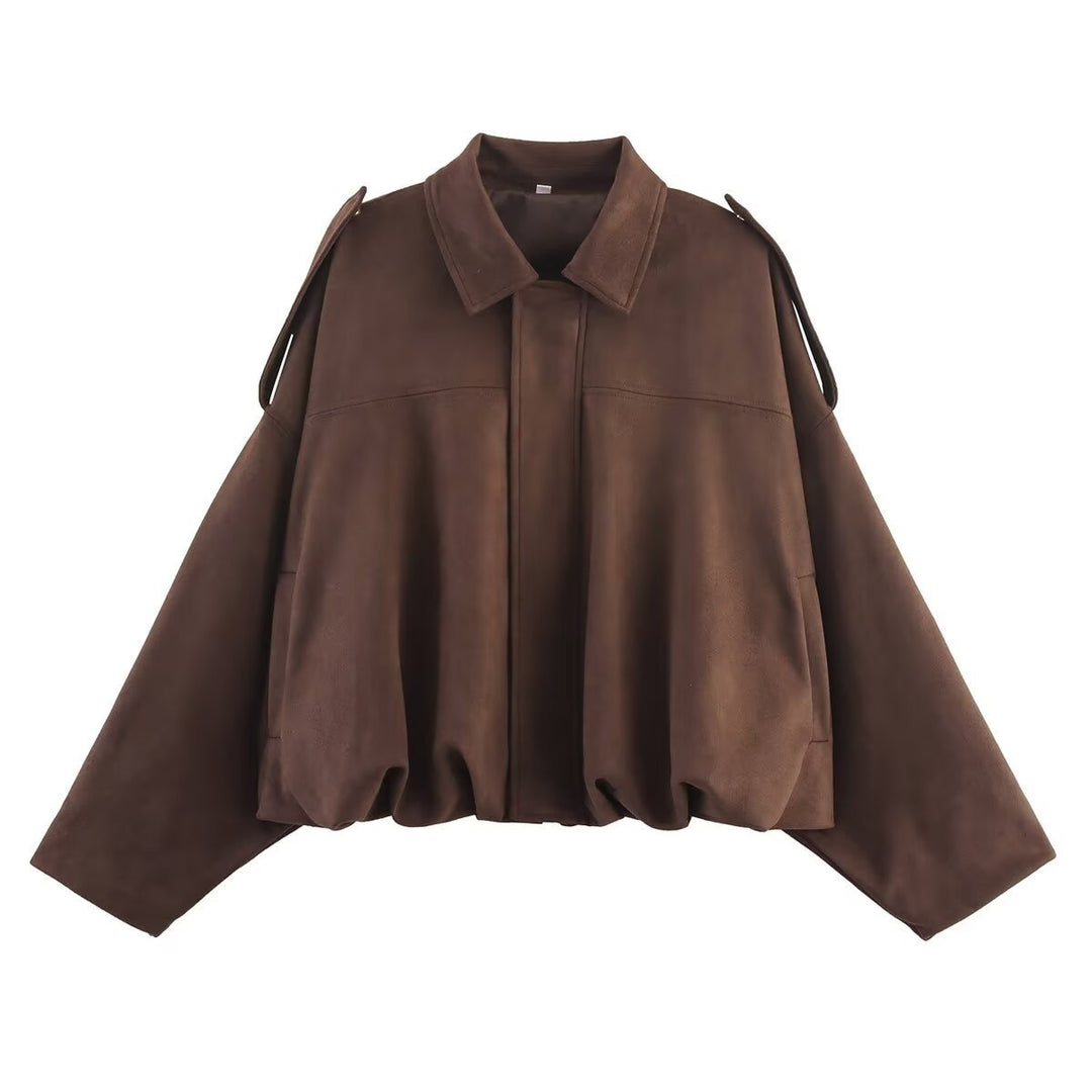 Damen Oversize-Suedejacke mit Schulterklappen, verdeckter Knopfleiste und elastischem Saum Drune