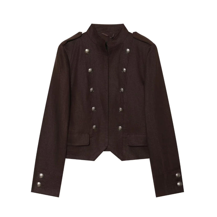 Damen Kurze Militärjacke im Uniformstil mit Stehkragen und dekorativen Druckknöpfen Drune