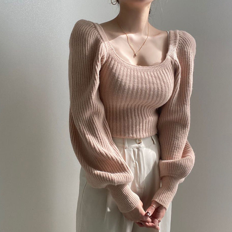 Damen Cropped Pullover mit voluminösen Ärmeln und Rippstruktur Drune