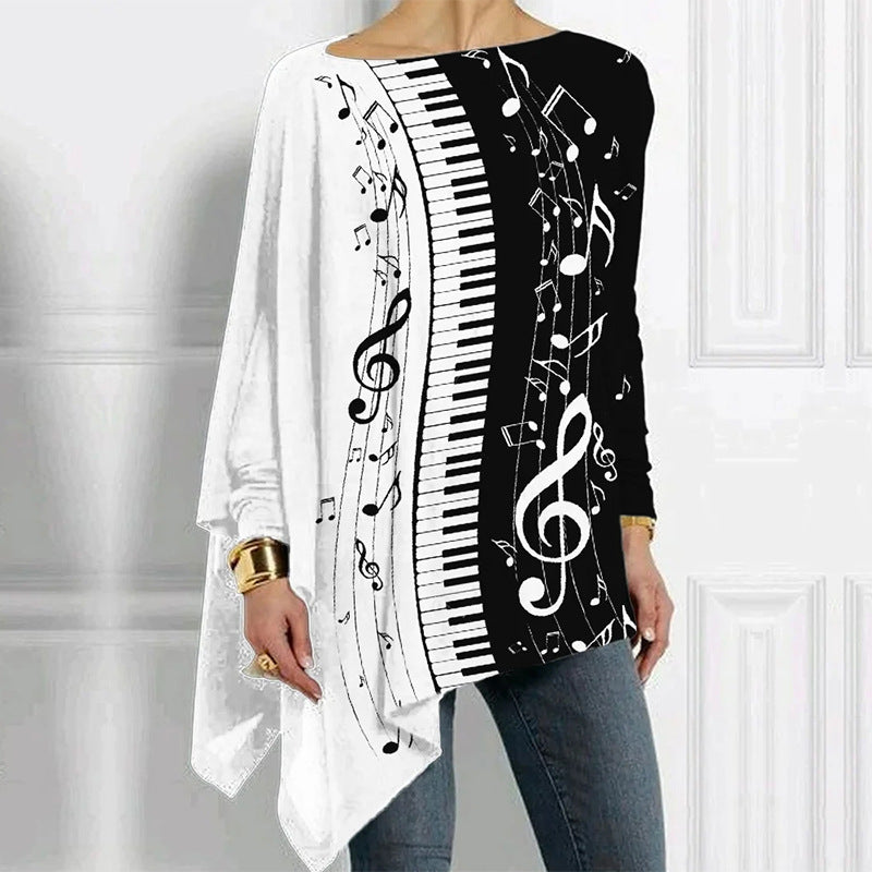 Damen Asymmetrisches Musikprint-Longsleeve mit Klavier- und Notenmotiv Drune