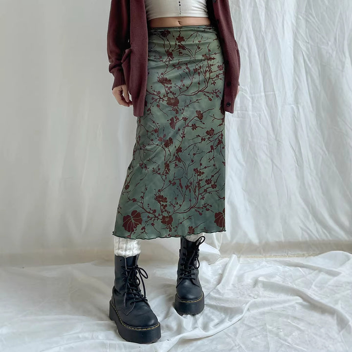 Damen Satin Midirock mit floraler Samtapplikation und schmaler Silhouette Drune