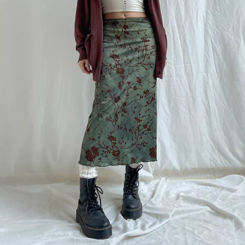 Damen Satin Midirock mit floraler Samtapplikation und schmaler Silhouette Drune