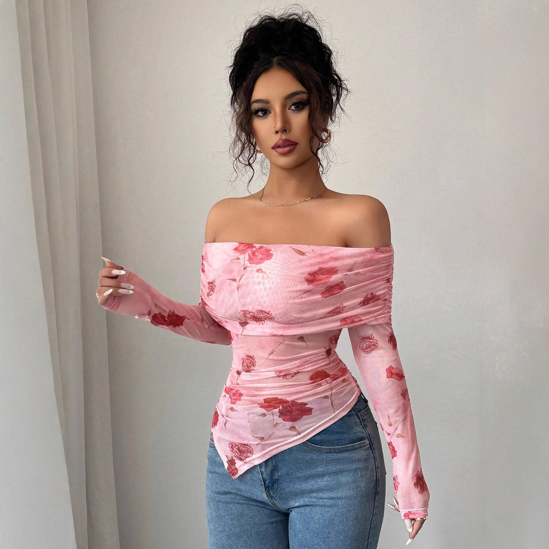 Damen nan schulterfreies gerafftes Langarm-Oberteil aus feinem Mesh mit floralem Print und taillierter Silhouette Drune