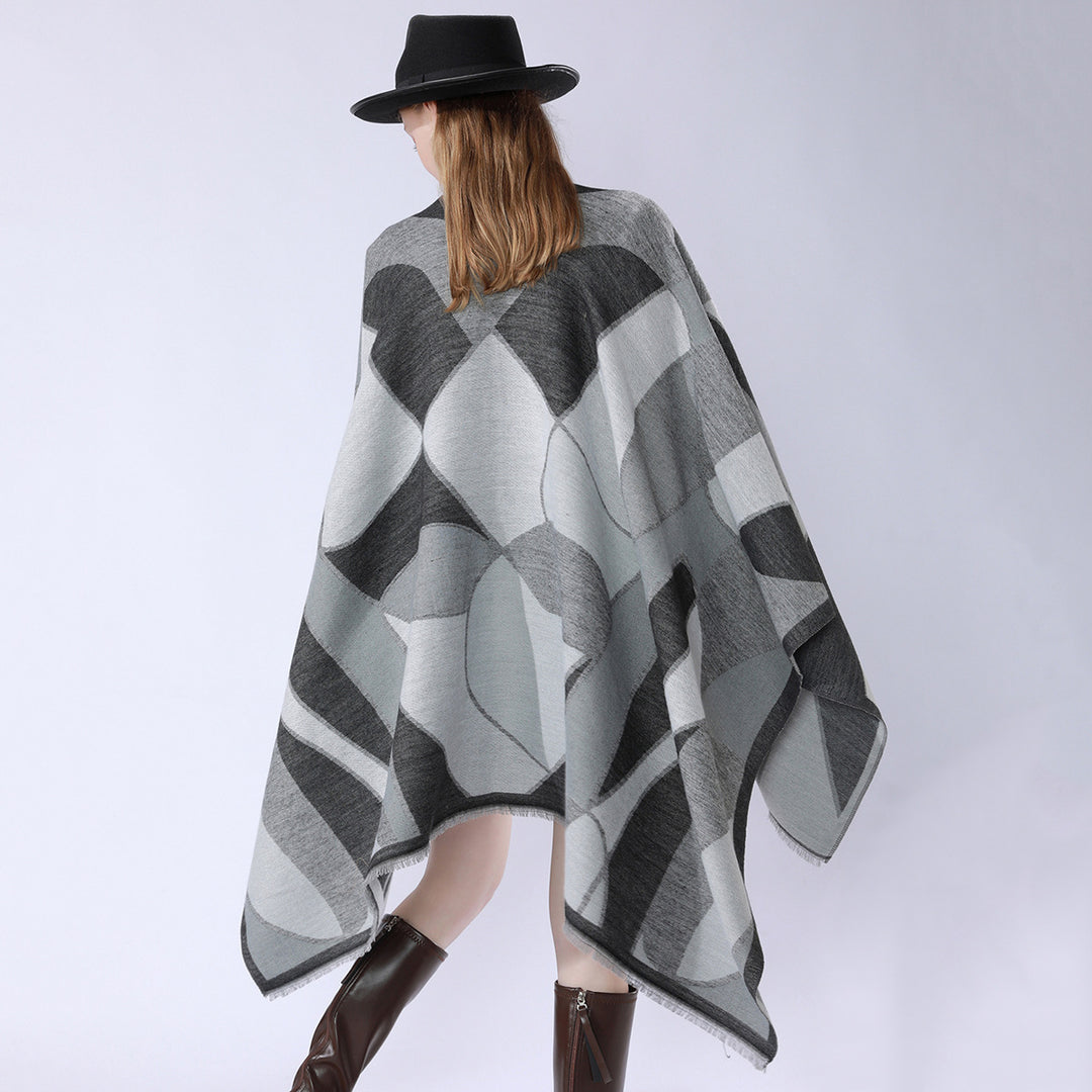 Damen Oversize-Poncho mit V-Ausschnitt und geometrischem Jacquard-Design Drune