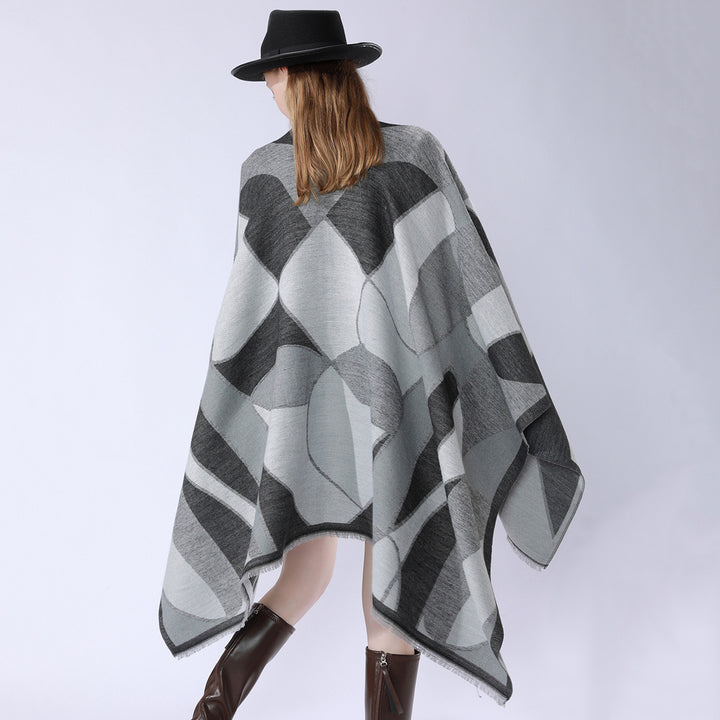 Damen Oversize-Poncho mit V-Ausschnitt und geometrischem Jacquard-Design Drune