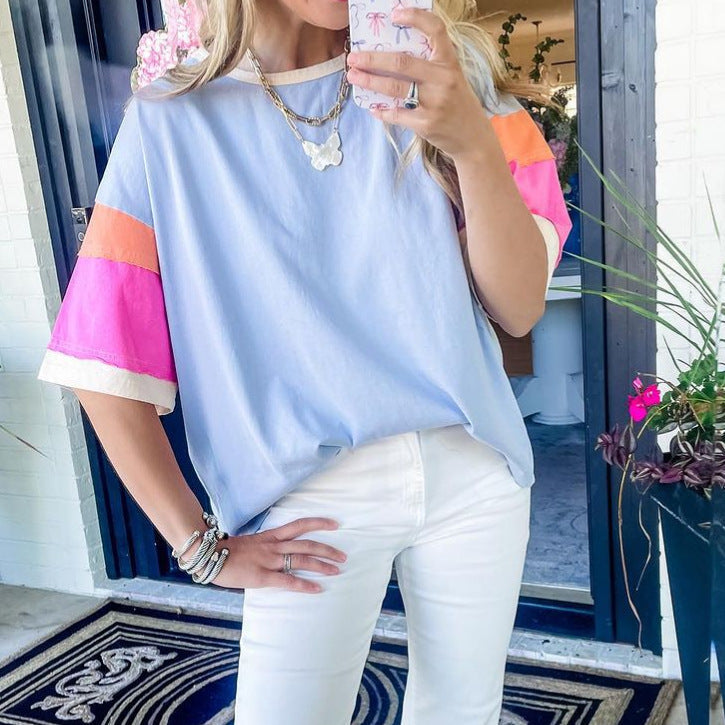 Damen lässiges T-Shirt mit farbenfrohen Ärmeln und weitem Schnitt Drune