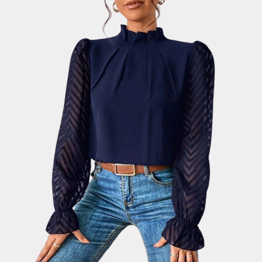 Damen Elegante Chiffonbluse mit Stehkragen, Faltenkante und transparenten Jacquard-Ärmeln Drune