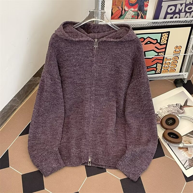 Damen weicher Strickpullover mit durchgehendem Reißverschluss und Kapuze Drune