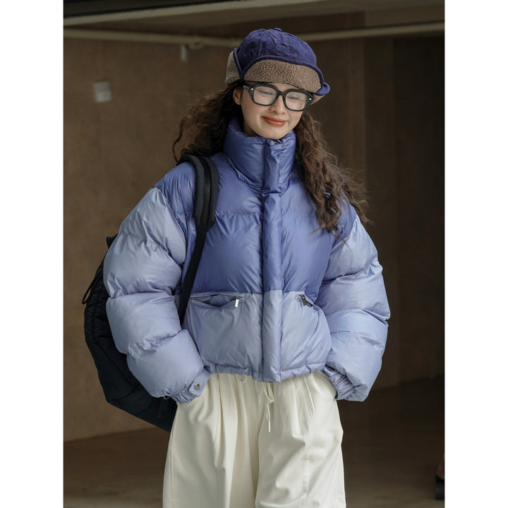 Damen Kurze Stepp‑Pufferjacke mit Colorblock, hoher Stehkragen und Kordelzug Drune