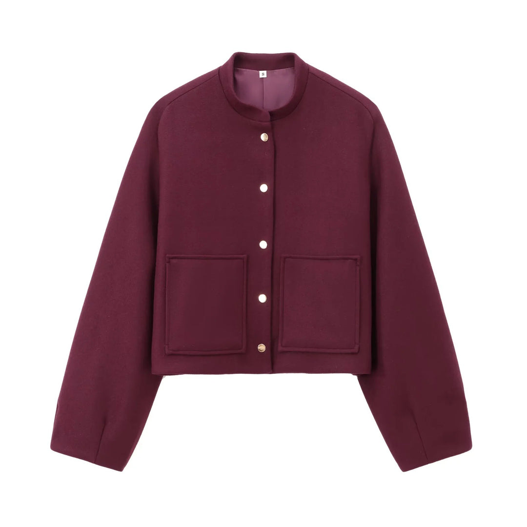 Damen 500+ Cropped Boxy Wollmix‑Blousonjacke mit Stehkragen, Druckknöpfen und großen aufgesetzten Taschen Drune