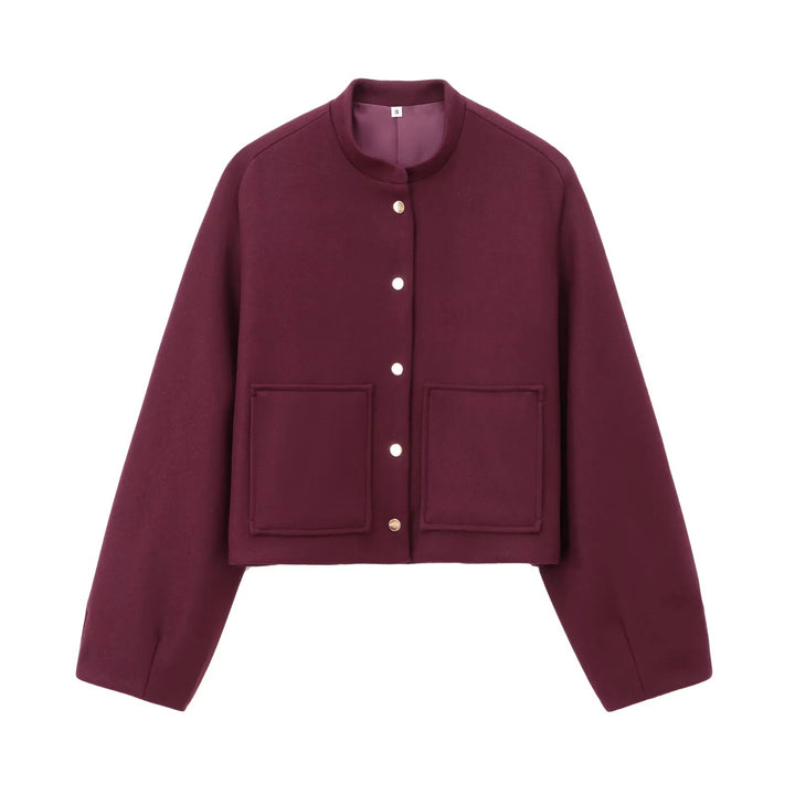 Damen 500+ Cropped Boxy Wollmix‑Blousonjacke mit Stehkragen, Druckknöpfen und großen aufgesetzten Taschen Drune