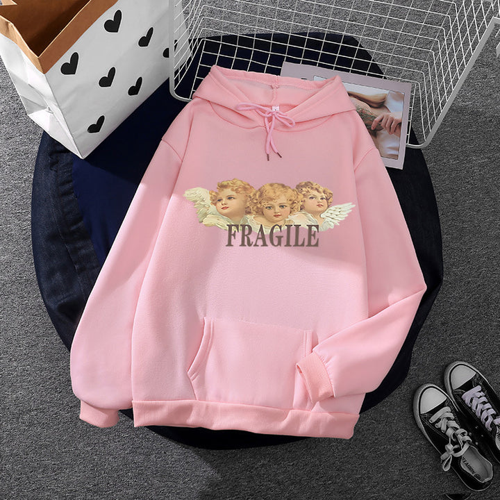 Damen nan leichter Oversize Kapuzenpullover mit Herz‑EKG‑Motiv, langen Kordeln und elastischem Bund Drune