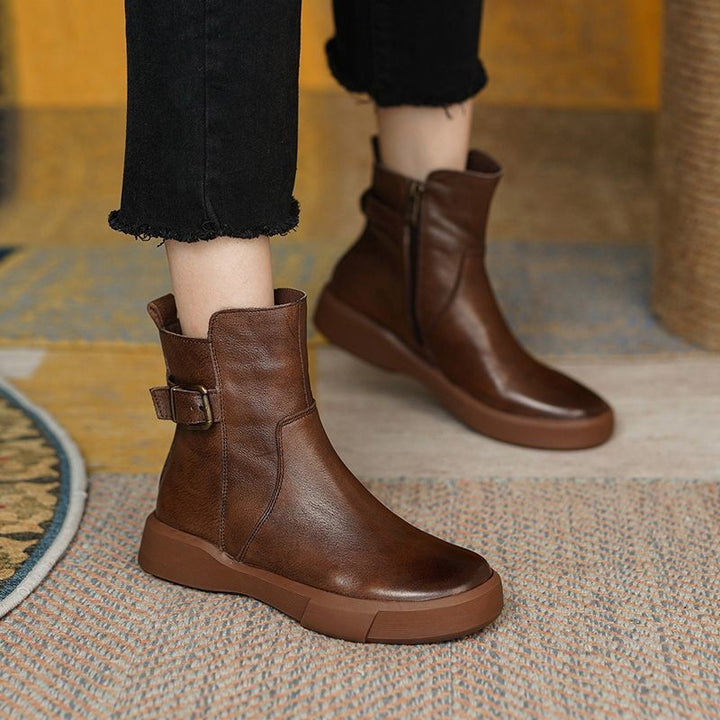 Damen nan knöchelhohe Lederoptik-Sneaker-Boots mit verstellbarem Fersenriemen, Zugschlaufe und rutschfester Gummisohle Drune
