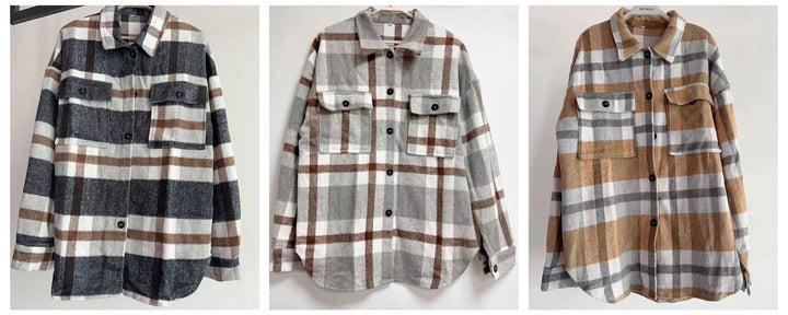 Damen karierte Flanelljacke mit lässigem Schnitt und aufgesetzten Taschen Drune