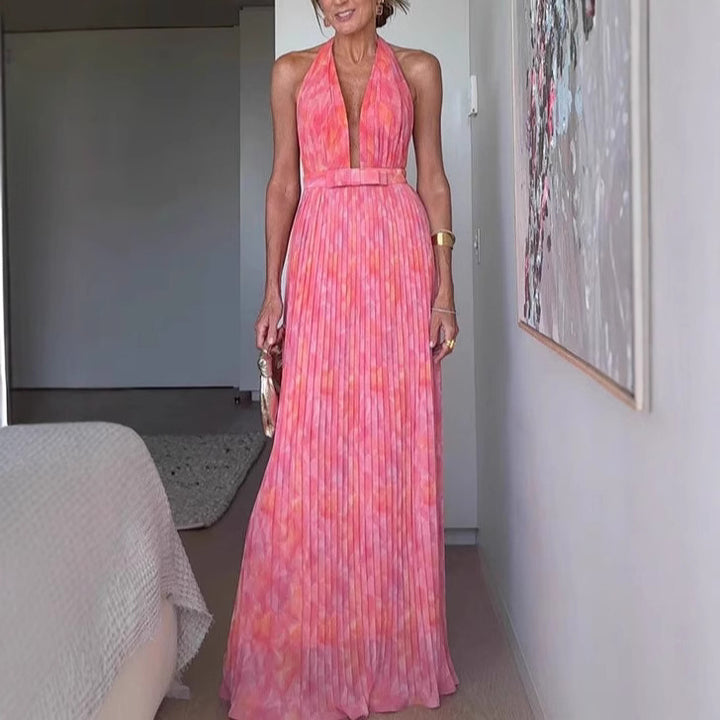 Damen Plissiertes Maxikleid mit tiefem Ausschnitt und elegantem Gürtel Drune