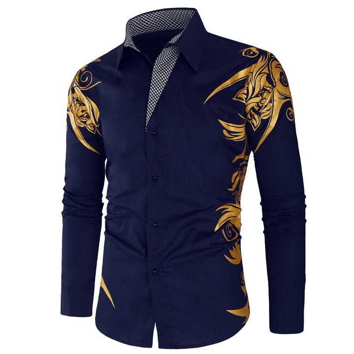 Herren Figurbetontes Button-Down-Hemd mit goldverzierter Ornamentik und kontrastiertem Innenkragen Drune