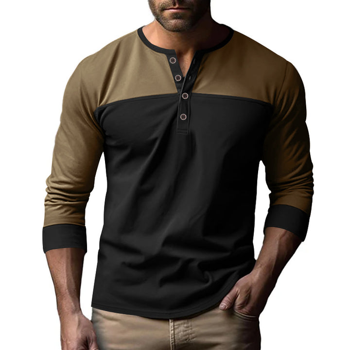 Herren Modernes Henley-Shirt mit Farbblock-Schulterpartie und Halbknopfleiste Drune