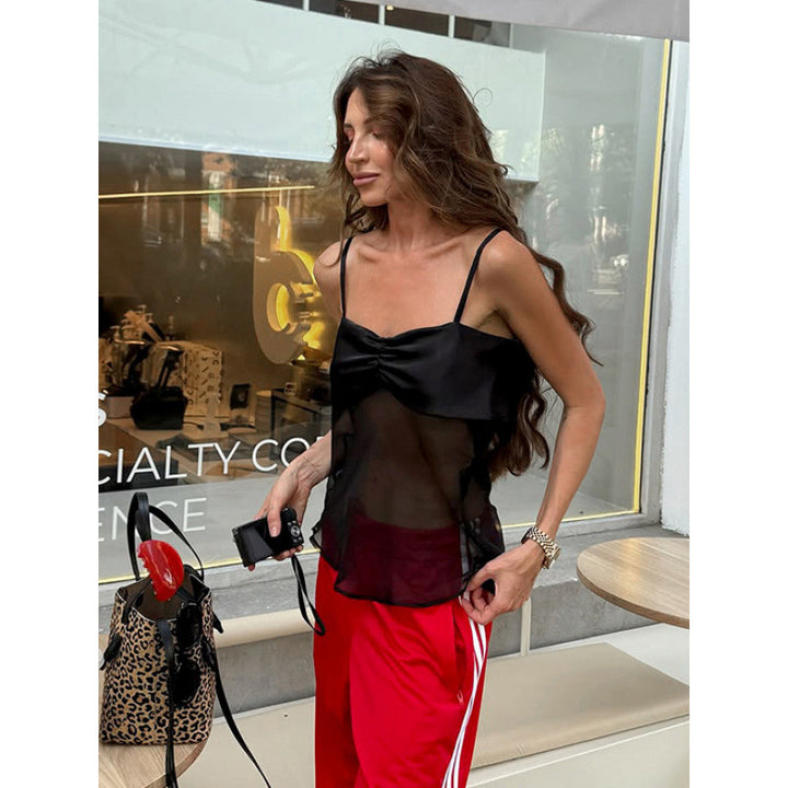 Damen Sexy Trägertop mit transparentem Stoff und raffiniertem Falten-Design Drune