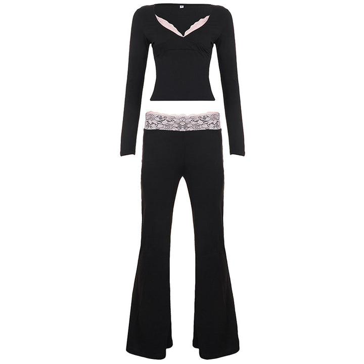 Damen Zweiteiliges Lounge-Set aus Stretchjersey mit V‑Ausschnitt Crop-Top und ausgestellter hochtaillierter Hose Drune