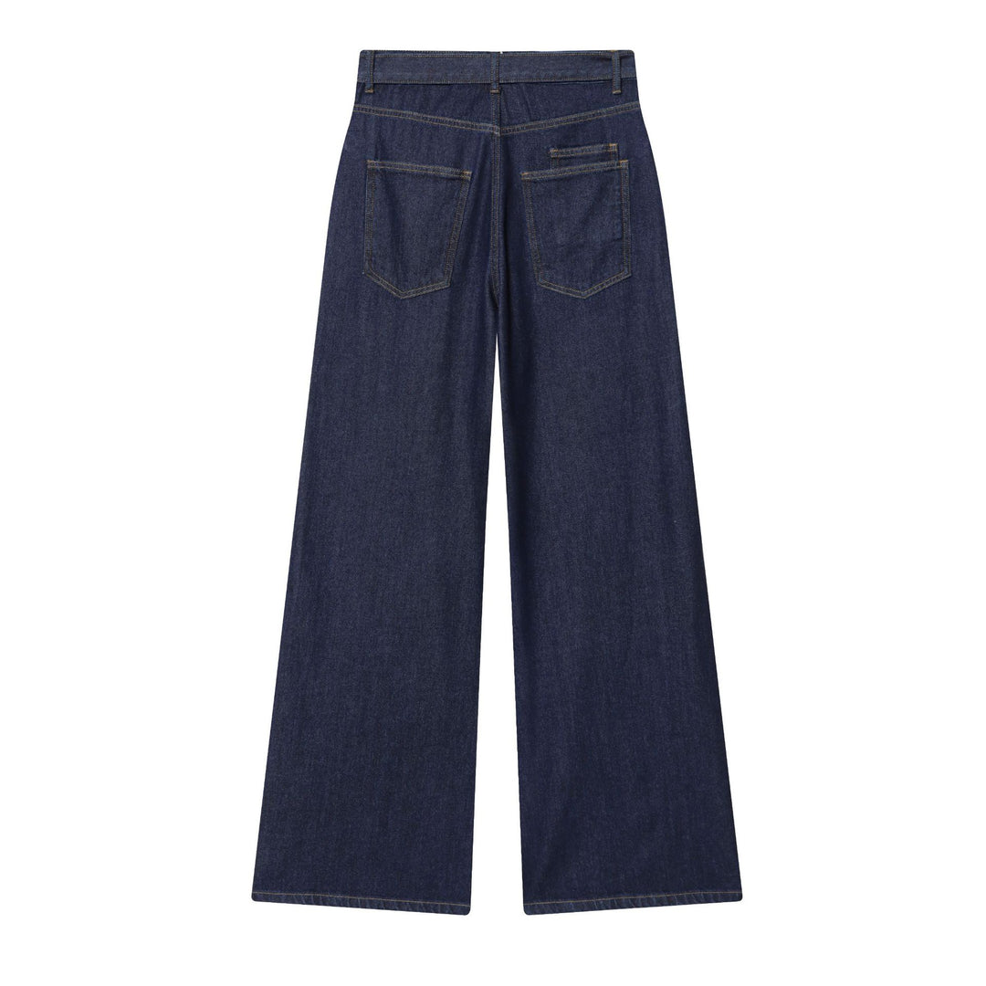 Damen nan hochgeschnittene Jeans mit weitem Bein, Stoffgürtel und großen Vordertaschen Drune