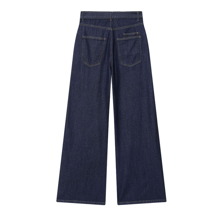 Damen nan hochgeschnittene Jeans mit weitem Bein, Stoffgürtel und großen Vordertaschen Drune