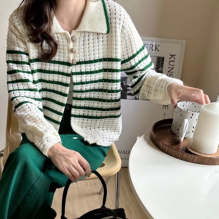 Damen Strickcardigan mit maritimem Streifenmuster und Knopfdetails Drune