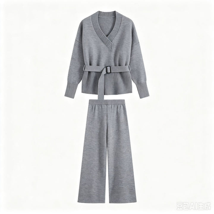 Damen Strick-Set mit V‑Ausschnitt, Taillengürtel und weiten Culotte-Hosen Drune