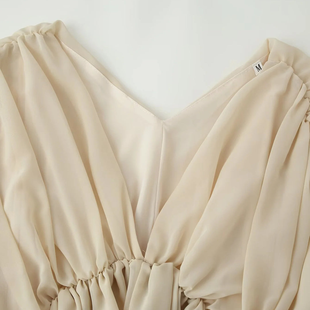 Damen nan voluminöse Drapé-Bluse mit tiefem V-Ausschnitt, gerafftem Taillenband und mehrlagigen Rüschen Drune