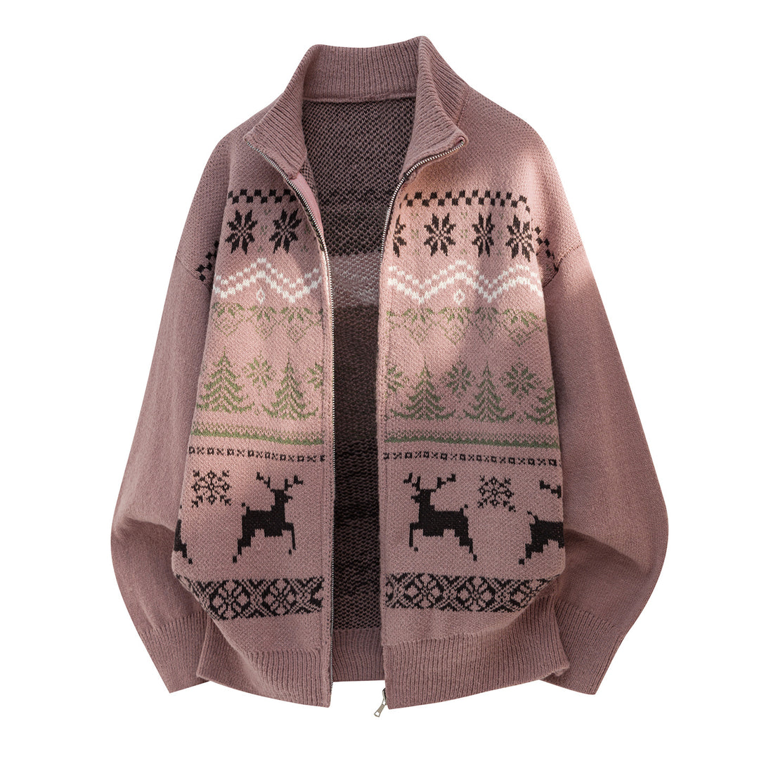 Unisex Zip-Strickjacke im Norwegerstil mit hohem Kragen und Kassettenmuster Drune