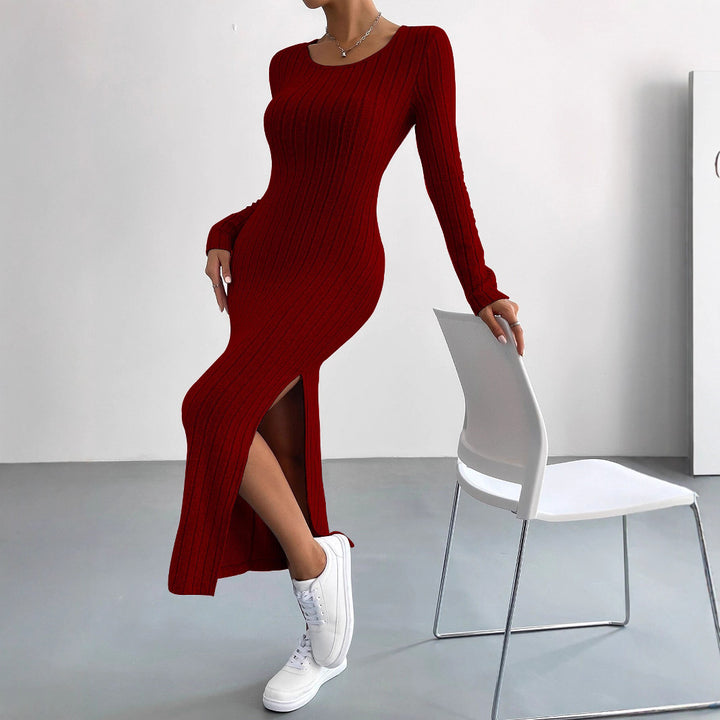Damen figurbetontes Rippenstrick-Midikleid mit schmaler Silhouette, Rundhalsausschnitt und seitlichem Oberschenkelschlitz Drune