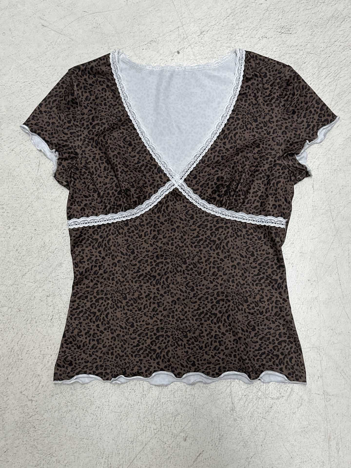 Damen Oberteil mit Leopardenmuster und Spitzendetails Drune
