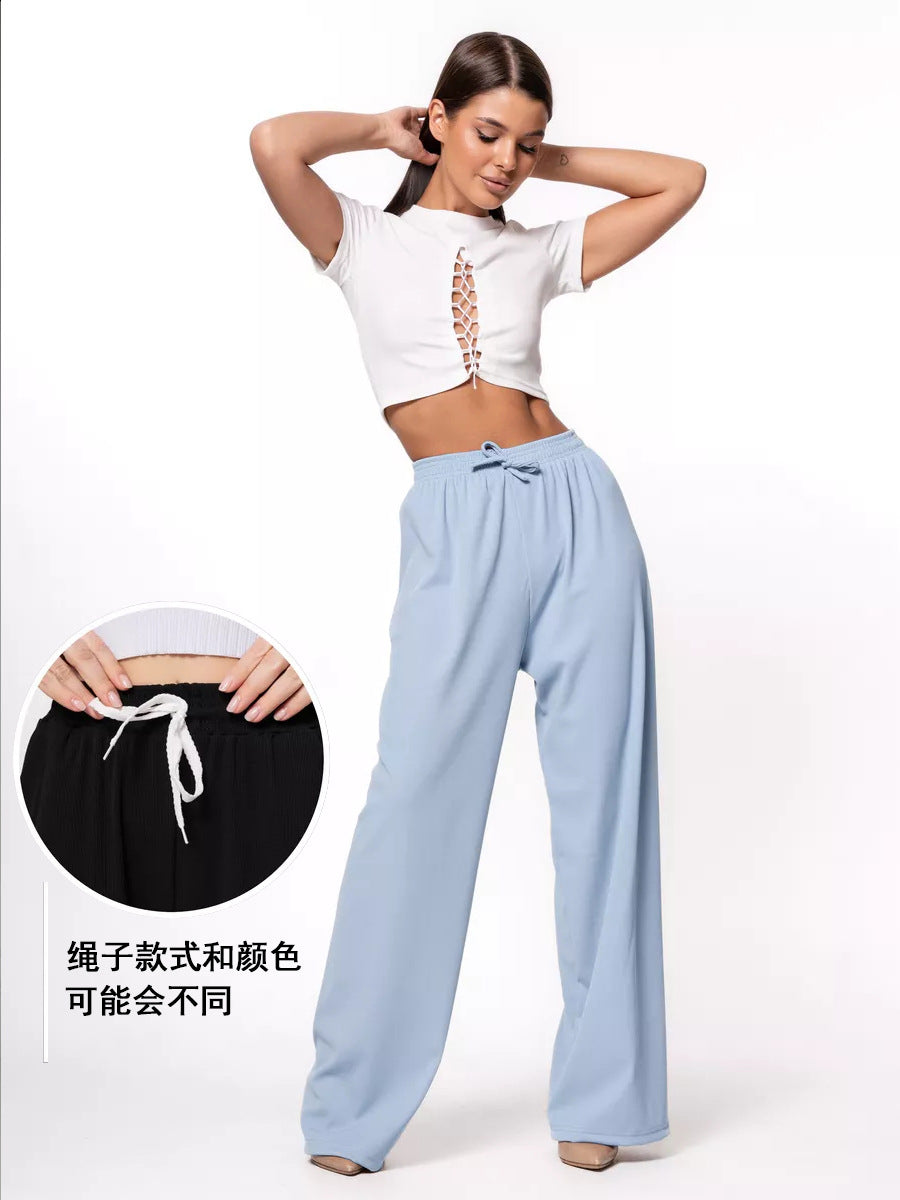 Damen weite hochgeschnittene Loungehose mit elastischem Bund und Kordelzug Drune