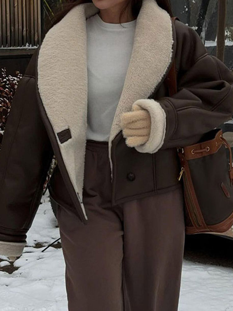 Damen modische Kunstlederjacke mit weich gefüttertem Kragen Drune