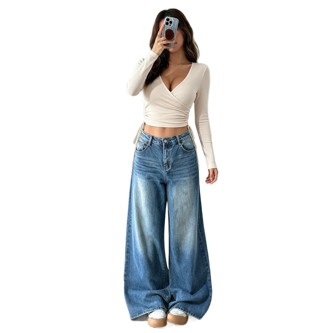 Damen geripptes Wickel-Crop-Top mit tiefem V‑Dekolleté, seitlicher Tunnelzugraffung und enganliegender Stretch-Passform Drune