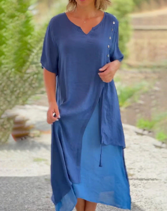 Damen nan zweilagiges Hemdkleid mit asymmetrischem Lagenrock, seitlicher Zierknopfleiste und Tunnelzug Drune