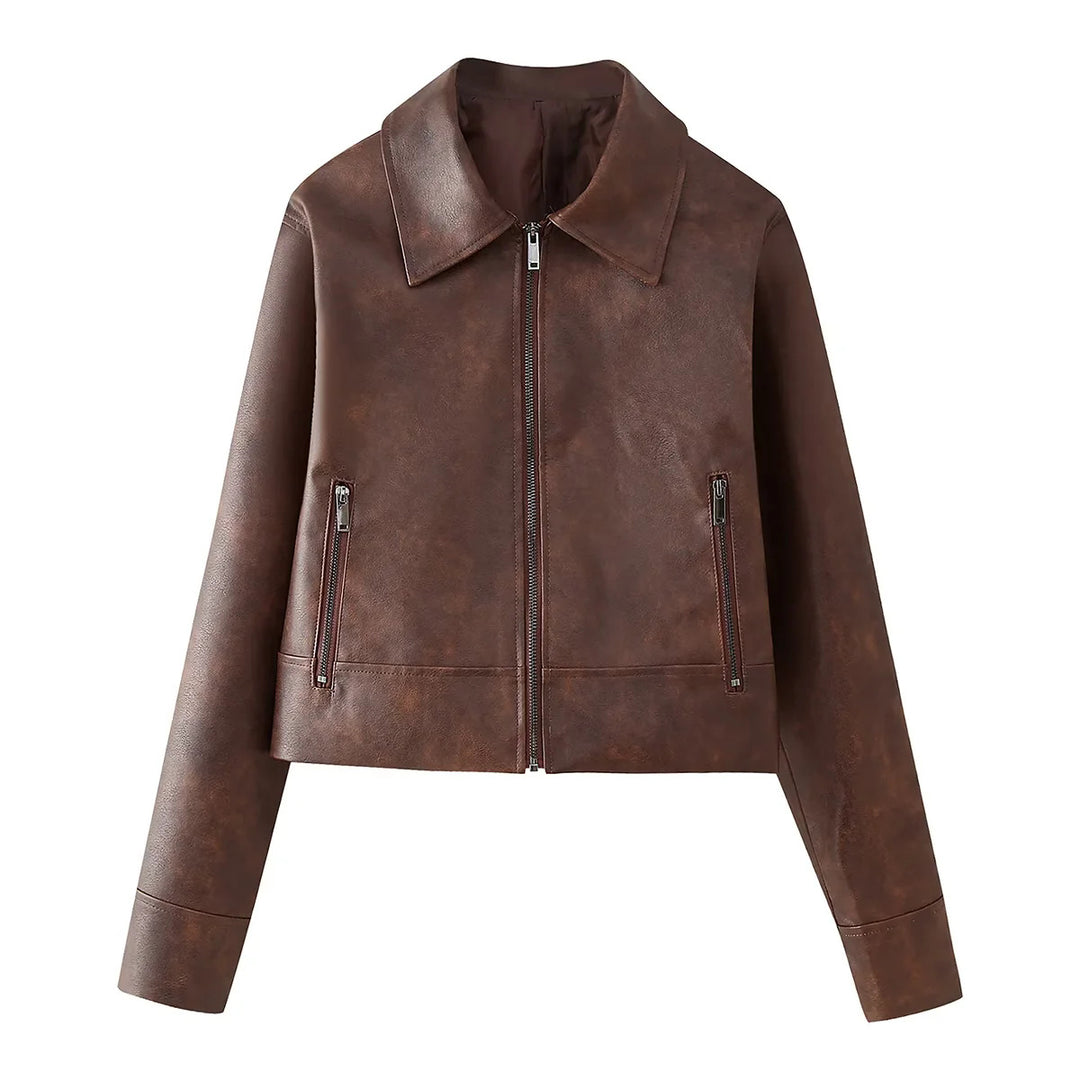 Damen nan kurz geschnittene Lederimitat-Jacke mit Reißverschluss, spitzem Kragen und Reißverschlusstaschen Drune