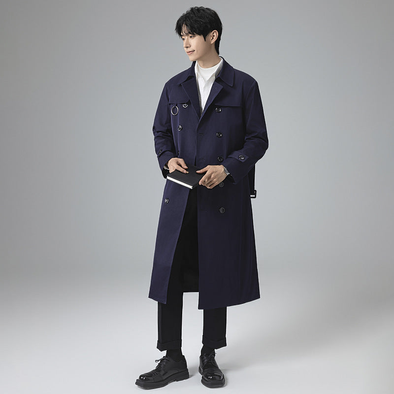 Herren Moderner Tech-Trenchcoat mit Doppelreihiger Knopfleiste, Bindegürtel und dezenten Ringdetails Drune