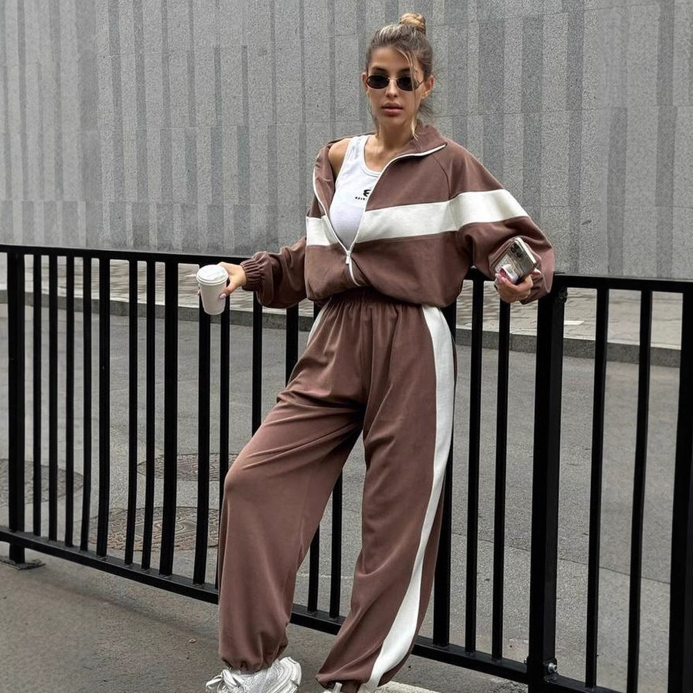 Damen sportliches Fleece-Set mit Reißverschluss und kontrastierenden Seiteneinsätzen Drune