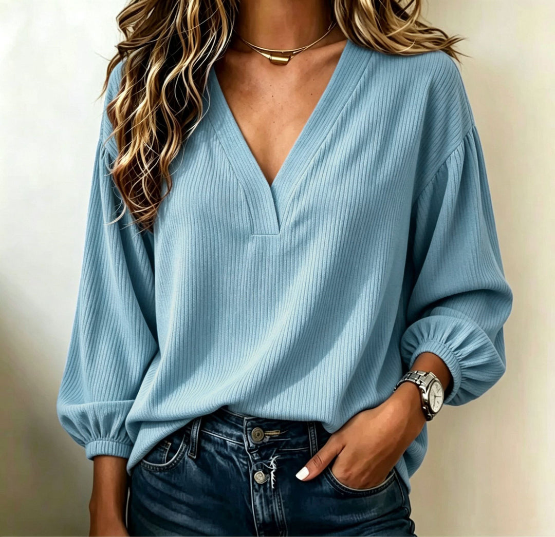 Damen Gerippter V-Ausschnitt Pullover mit Ballonärmeln Drune